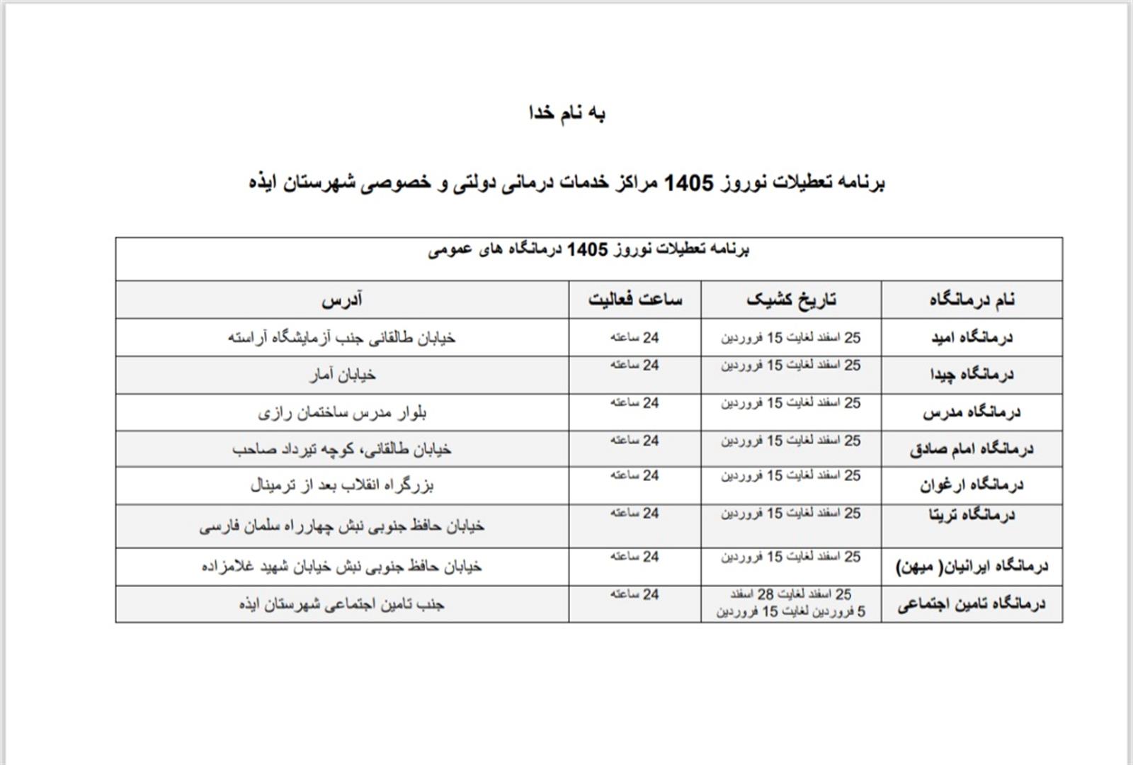اعلام برنامه کشیک نوروزی مراکز درمانی شهرستان ایذه