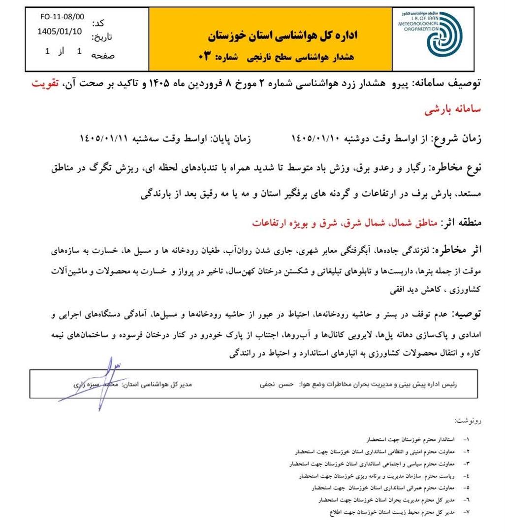 هشدار سطح نارنجی هواشناسی خوزستان درباره تشدید بارش‌ها و احتمال سیلاب از دوشنبه