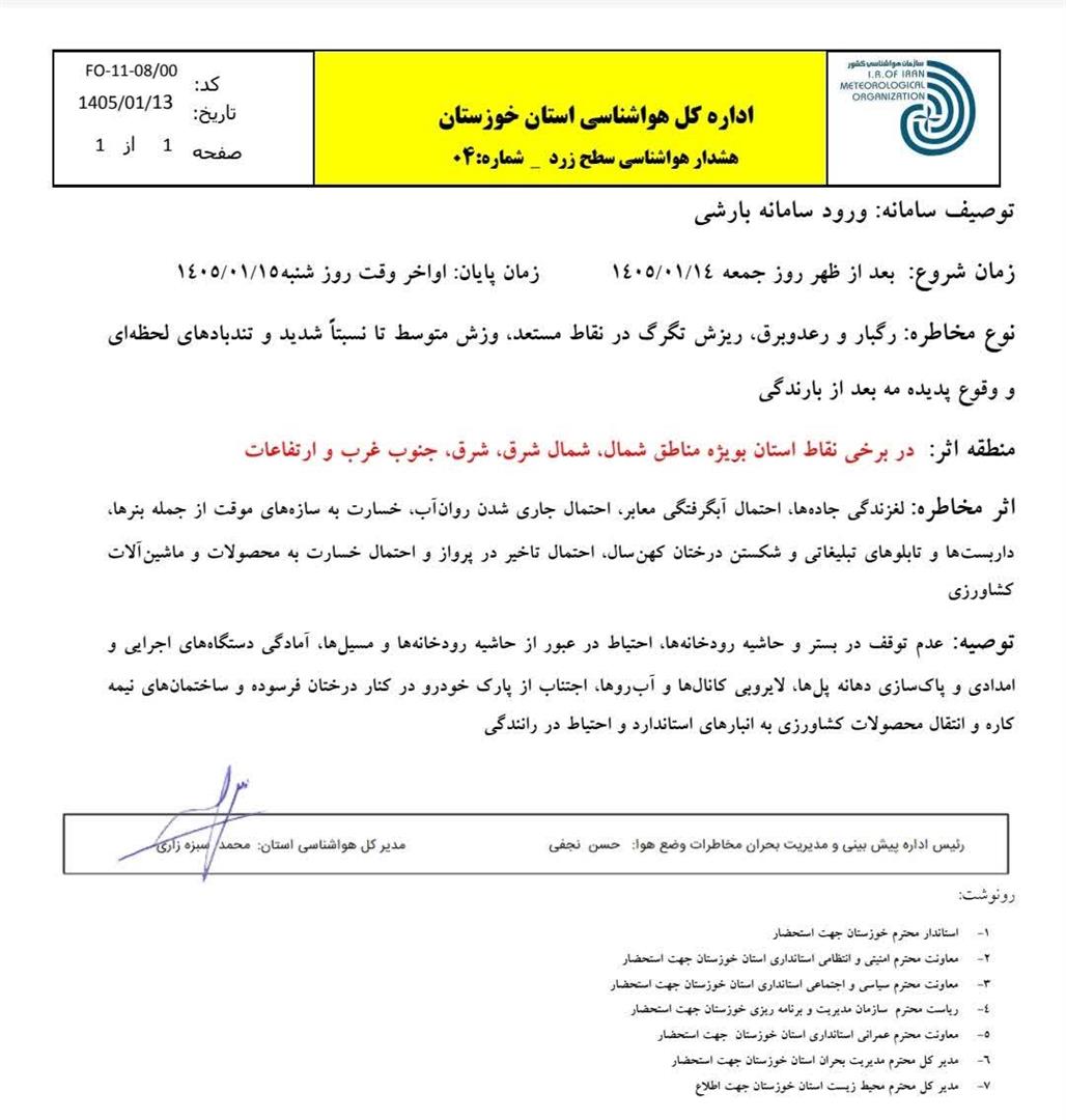 هشدار سطح زرد هواشناسی خوزستان؛ ورود سامانه بارشی و وقوع رگبار، رعدوبرق و وزش باد شدید