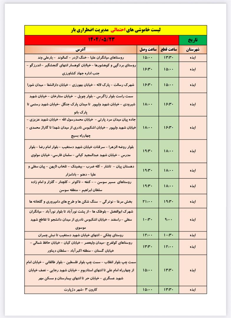 جدول خاموشی احتمالی ایذه پنجشنبه ۲۳ مردادماه