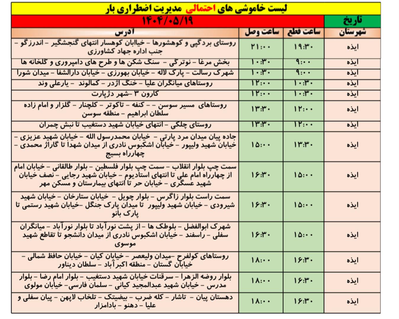 جدول خاموشی احتمالی ایذه یکشنبه ۱۹ مردادماه