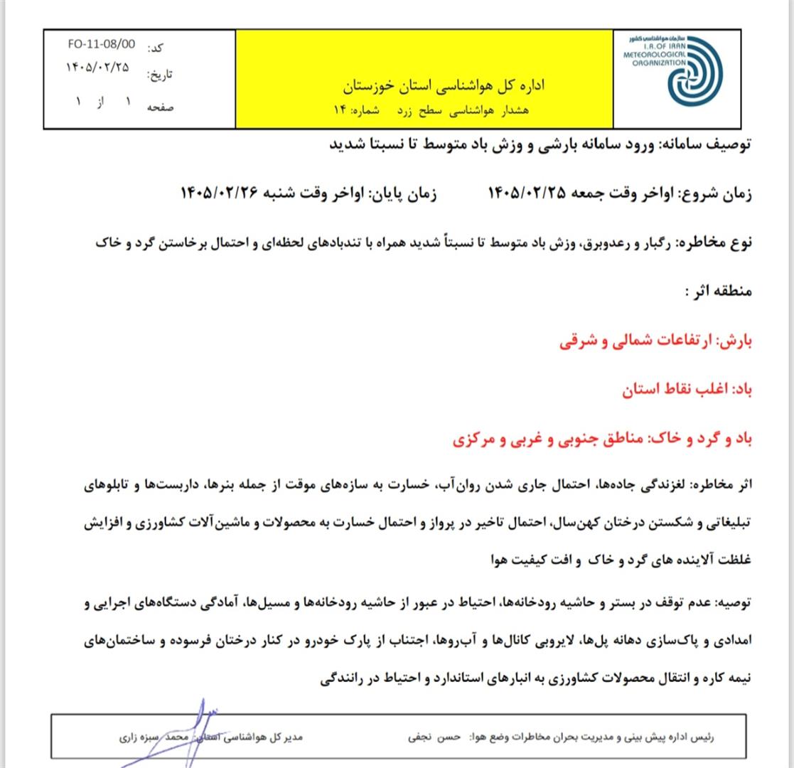 هشدار سطح نارنجی هواشناسی در خوزستان؛ بارش، باد شدید و گرد و خاک در راه است