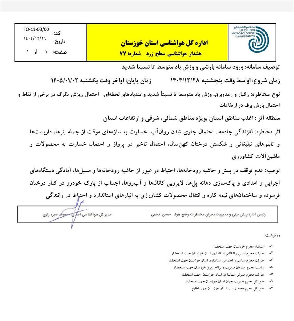 صدور هشدار هواشناسی سطح زرد در خوزستان 