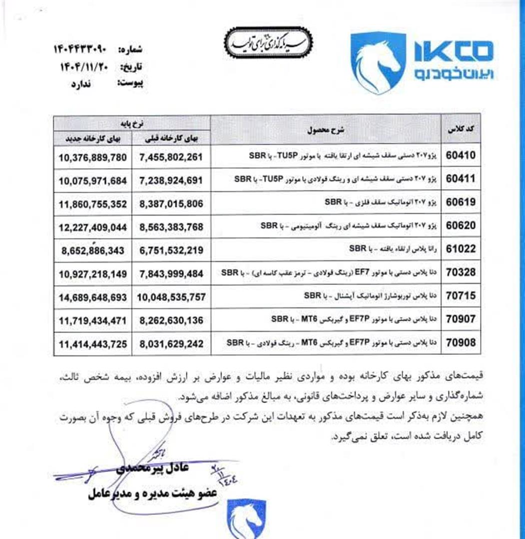اعلام قیمت جدید محصولات ایران خودرو برای ماه بهمن 1404