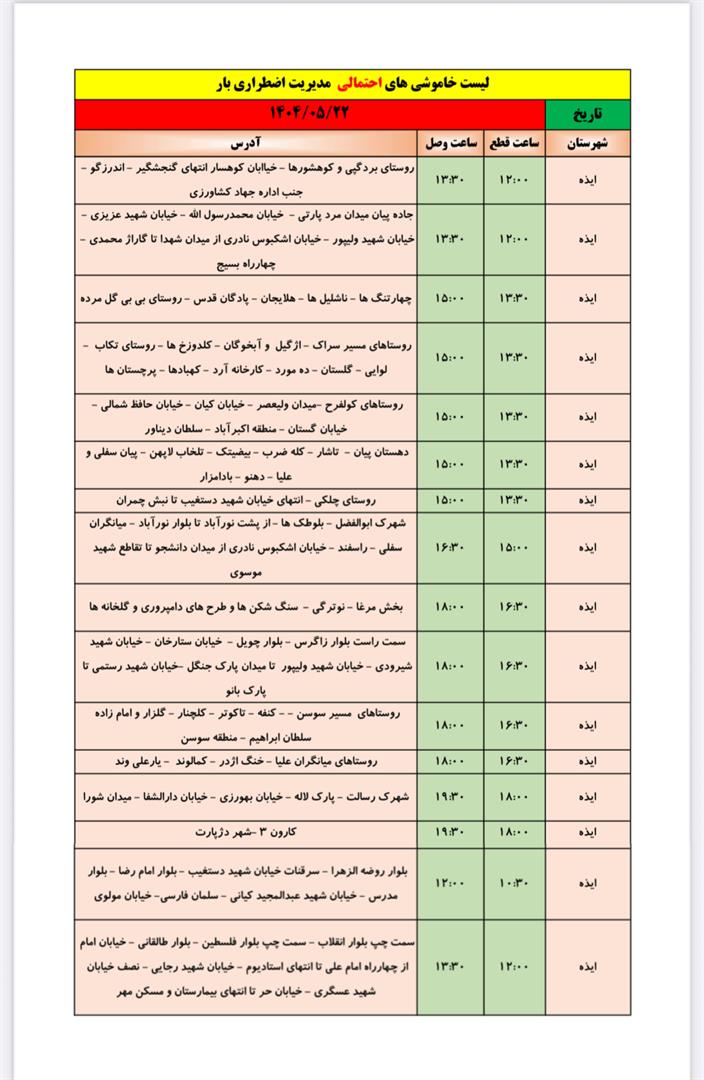 جدول خاموشی احتمالی ایذه چهارشنبه ۲۲ مردادماه