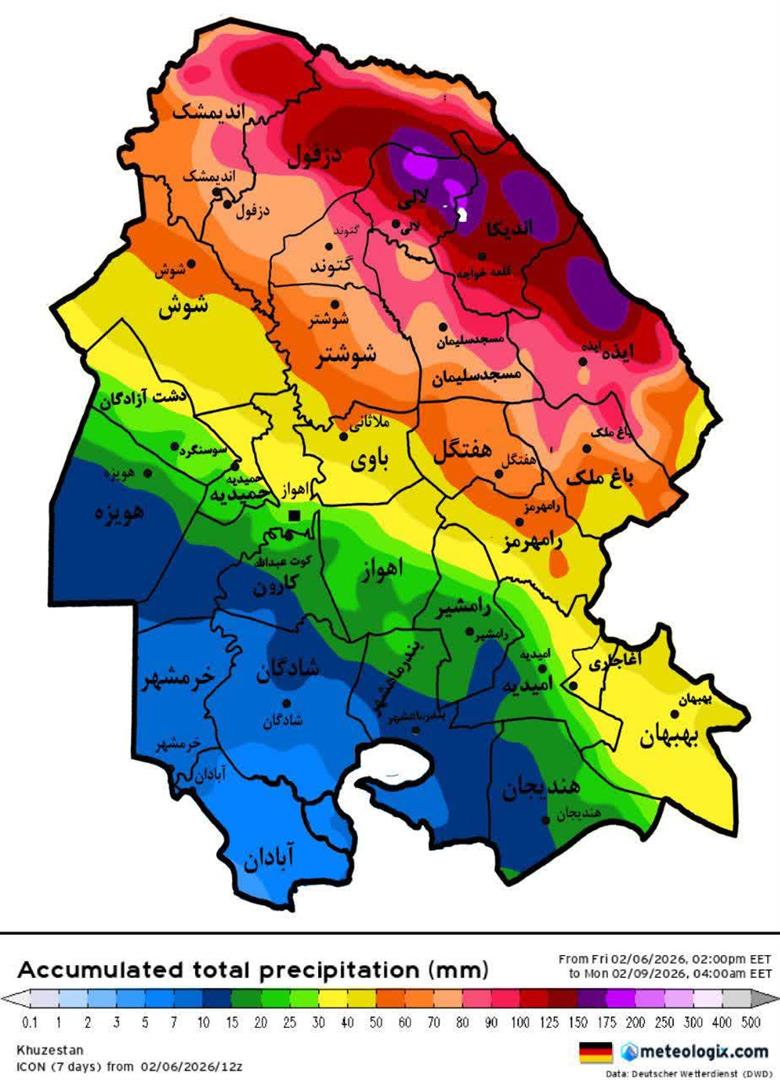 پیش‌بینی بارش‌های شدید و باران‌های پراکنده در استان خوزستان تا 18 بهمن 1404